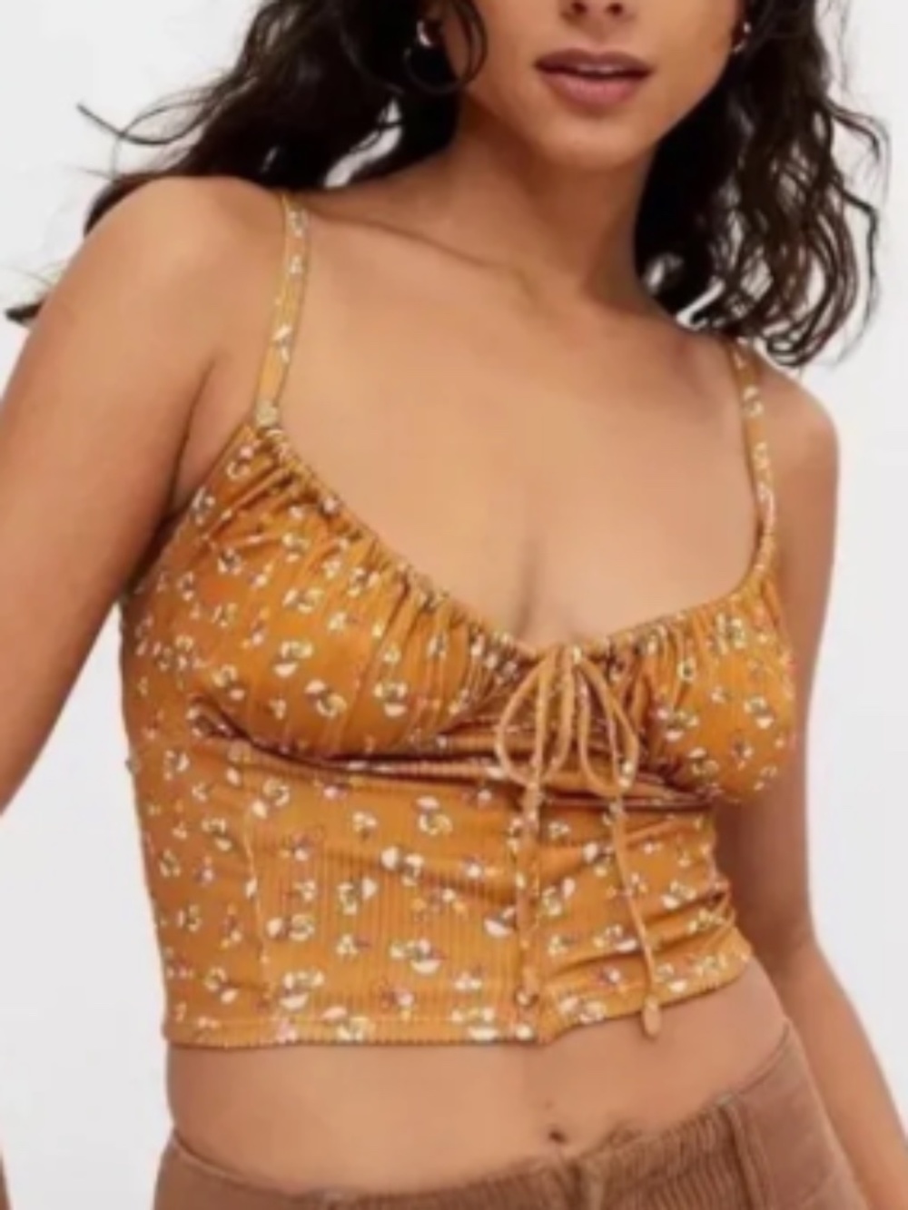 URBAN OUTFITTERS Serenity Mushroom Print Cami Crop Top Mustard Yellow Sz S EUC